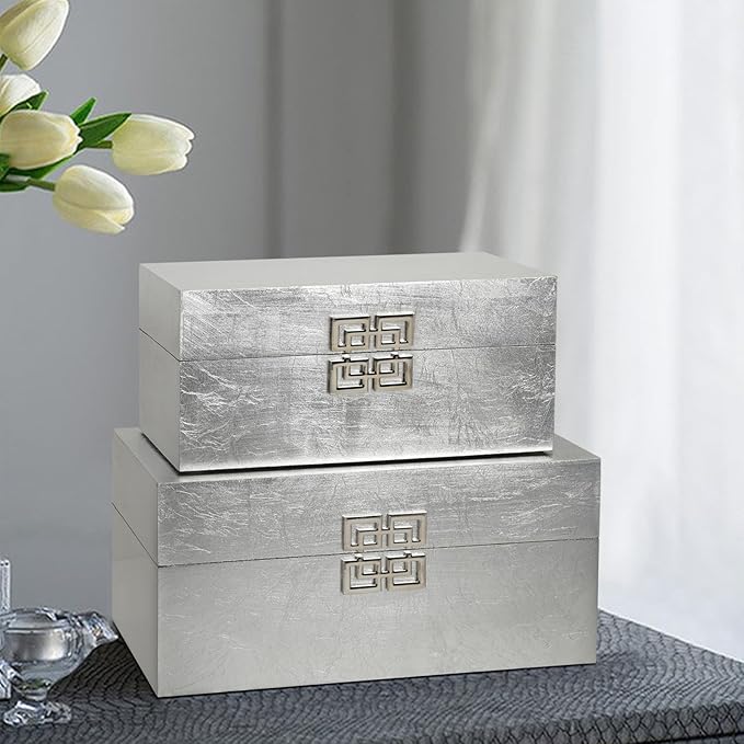 Elegant Decorative Storage Boxes with Hinged Lid - Classic Wooden Organizers with Geometric Clasp - Set of 2 for Home & Office (Foil Silver)