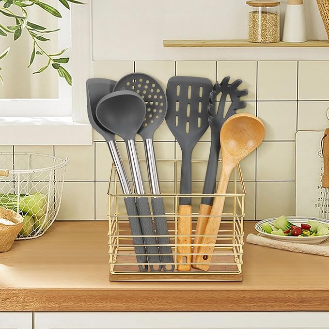 Utensil Holder for Kitchen Counter, Metal Utensil Holder Rack for Kitchen Countertop, Cooking Tools Storage for Spatula, Utensil Organizer with Wooden Base, and Drainage Hole (Gold Wooden)