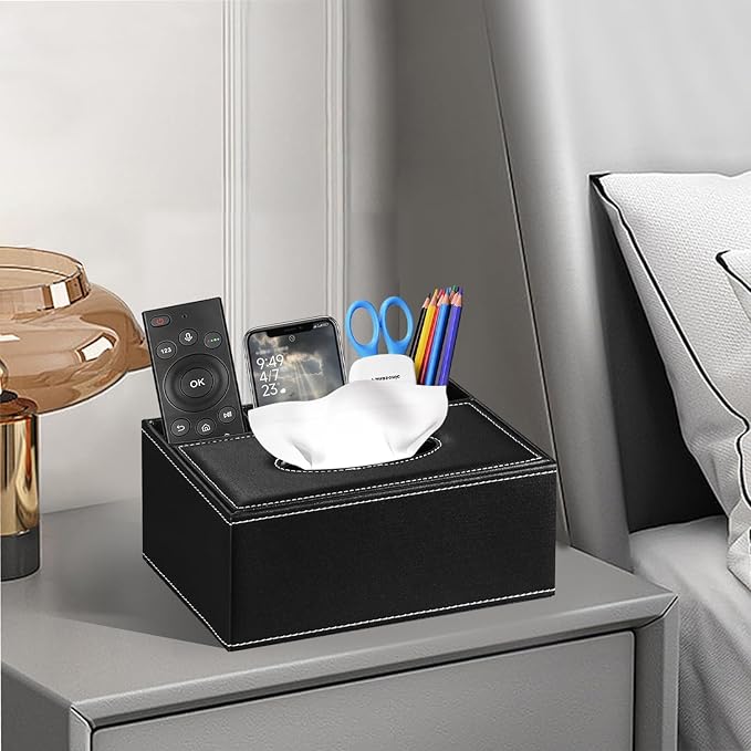 Leather Tissue Box Cover Rectangle,Compatible with Kleenex Box Covers,Facial Tissue Box Holder with Remote Control Holder,Decorative Nighstand Organizer,Tissue Dispenser for Bathroom Black