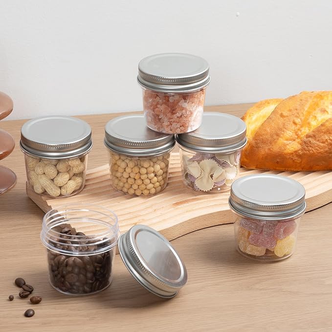novelinks 4 oz Plastic Mason Jars with Lids, 20 Pack Small Containers with Lids 4oz, Slime Containers & Cake Jars & Small Spice Jars for Kitchen Organization (20 Pack,Silver)