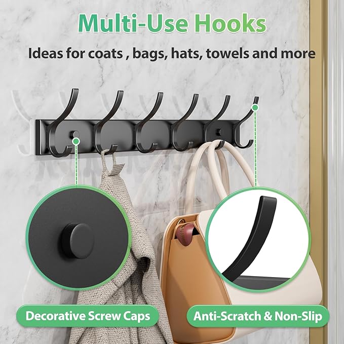 Coat Rack Wall Mount with 6 Hooks (Black, 2 Pack), Heavy Duty Coat Hooks Wall Mount for Entryway, Bedroom, Closet, Wall Hooks for Hanging Coats, Hats, Bags, Purses.