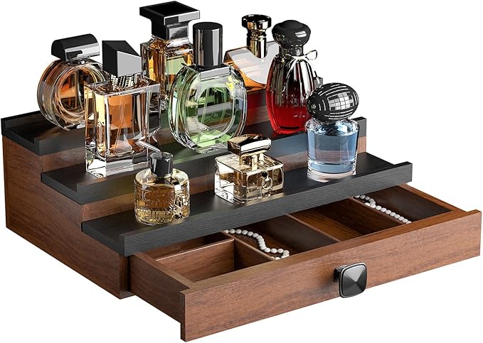 Cologne Organizer for Men: with Drawer, 3 Tier Wooden Cologne Stand Desktop Perfume Display Shelf, Bedroom Dresser Makeup Lotion Jewelry Storage Organizer ﻿