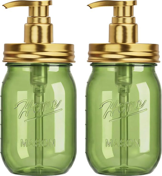 Amolliar Plastic Mason Jar Soap Dispenser with Pump Lid,16OZ Refillable Hand Soap Dispenser Set with Cute Lables - Farmhouse Decor for Kitchen Bathroom, Liquid Soap, Dish Soap, Lotion (2 Pack, Green)