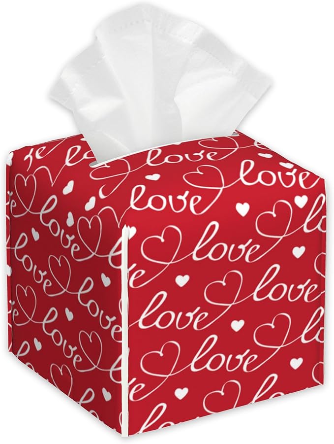 Romantic Hearts Tissue Box Cover Square,White and Letters Tissue Box Holder with Belt Bottom,Stylish Leather Napkin Holder for Vanity Countertop,Nightstands,Office Desk,5.2"Ã5.2"Ã5.2"