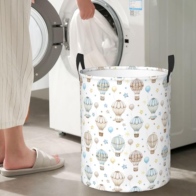 Watercolor Hot Air Balloon Round Laundry Hamper Storage Basket Toys Clothes Organizer Bin For Home Bathroom Bedroom Dorm Nursery, 62l