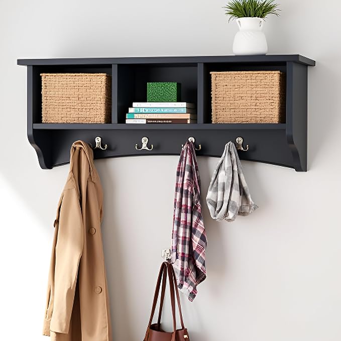 Shaker Cottage Wall-Mounted Coat Rack with 3 Storage Cubbies and 4 Coat Hooks – 36" W x 9" D x 14" H Space-Saving Entryway Organizer or Mudroom Wall Shelf by Alaterre Furniture (Charcoal Gray)