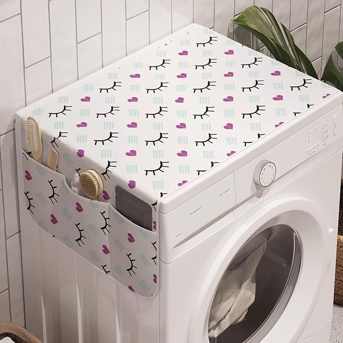 Ambesonne Eyelash Washing Machine Organizer, Winking Eyes and Pink Hearts Romantic Pattern Cartoon Childish, Anti-slip Fabric Top Cover for Washer Dryer, 47" x 18.5", Blue Fuchsia