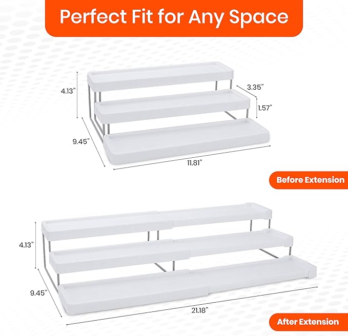 OMAIA 3 Tier Spice Rack Organizer - Expandable 3-Level Seasoning & Spice Organization for Cabinet, Pantry, Kitchen Countertop - Adjustable Length with Sturdy Metal Frame - White
