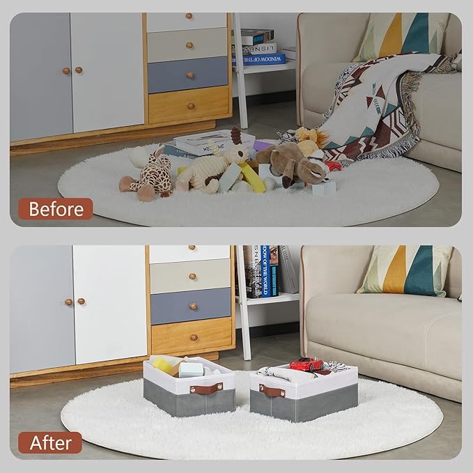 HNZIGE Fabric Storage Bins for Organizing Shelves, 6 PCS Small Foldable Closet Bins with Handles, Home & Office (White & Gray, 11.8 x 7.8 x 5.1)