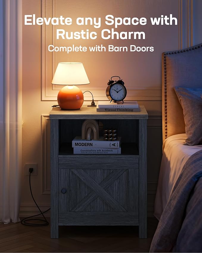 Marsail Farmhouse Nightstand Set of 2 with Charging Station, Wood Bedside Table with USB Port & AC Outlet, Open Shelf and Enclosed Cabinet, Side Table with Storage for Bedroom, Grey