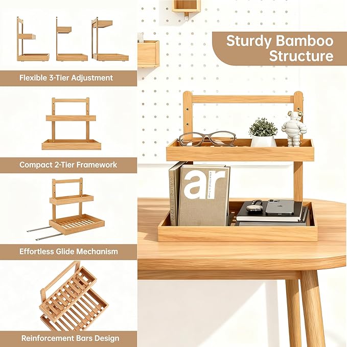 2-Tier Under Sink Pull Out Organizer, Bamboo Cabinet Storage Shelf with Adjustable Height, 9 Inch White Slide Out for Kitchen Bathroom Pantry