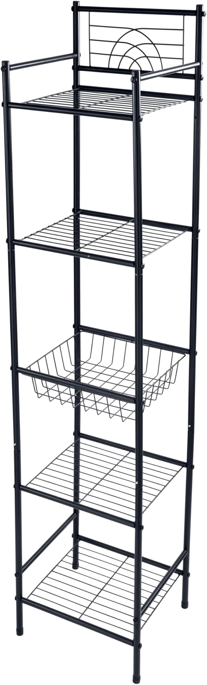 Bath Bliss 5 Tier Freestanding Bathroom Storage Shelf, Black Metal Organizer Rack | Rust Resistant Space Saving Bathroom Stand | Toilet Paper Towel Holder | Bathroom Organizer for Small Spaces