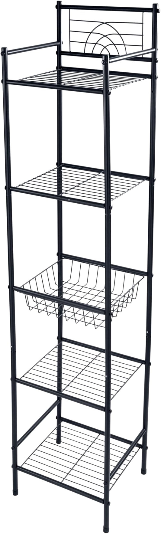 Bath Bliss 5 Tier Freestanding Bathroom Storage Shelf, Black Metal Organizer Rack | Rust Resistant Space Saving Bathroom Stand | Toilet Paper Towel Holder | Bathroom Organizer for Small Spaces