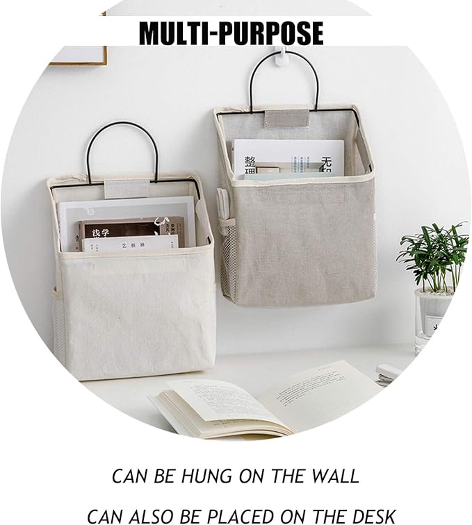 2 Pcs Wall-Hanging Storage Bags,Desktop Organizer Basket Cotton Linen Hanging Storage Basket for Kitchen,Bderoom,Living Room-Triangle