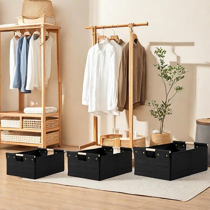 2PCS Storage Bins Cotton Linen Fabric Storage Boxes Basket with Wooden Handles Foldable Washable Decorative Shelf Container Closet Clothes Organizer Home Laundry (Medium Size, Black)