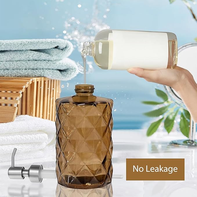 12Oz Brown Soap Dispenser Bathroom - 2 Pack, Clear Glass Hand Soap Dispensers with Stainless Steel Pump, Refillable Dish Soap Dispenser for Kitchen, Countertop Soap Dispensers