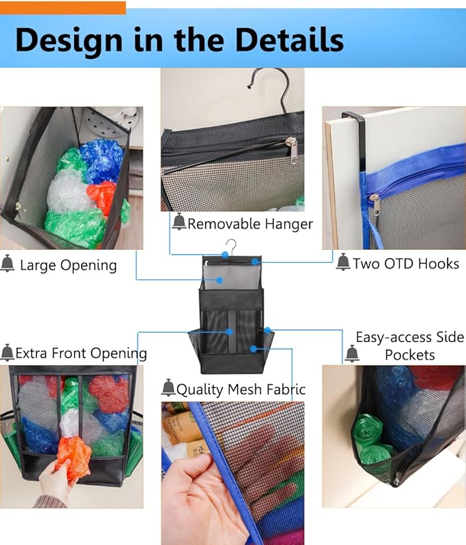 ALYER Hanging Plastic Grocery Bag Holder and Dispenser,Mesh Over the Cabinet Door Organizer with Easy-Access Openings for Kitchen Towel,Bras,Laundry,Installation Free(Gray, 21.7"H * 11.8"W * 5.9"D)