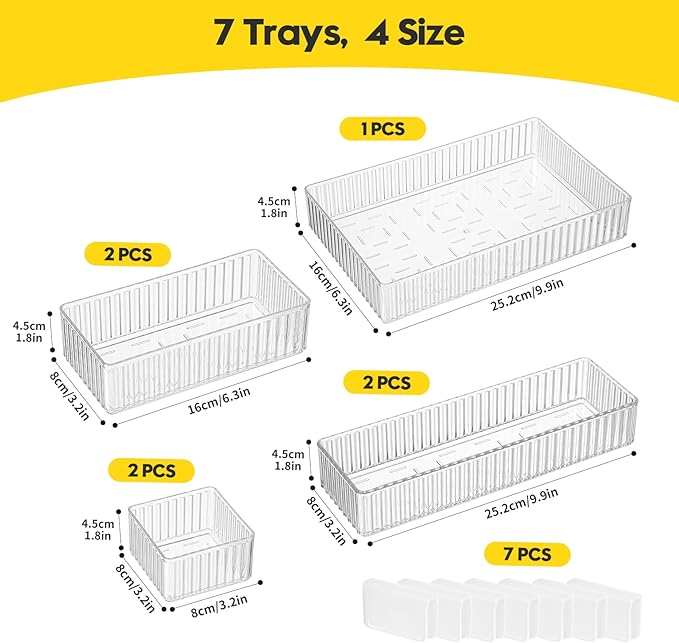 7 PCS Clear Drawer Organizer Bins with Locking Clips, Interlocking Non-Slip Stackable Drawer Trays, 4 Sizes for Makeup Vanity, Bathroom, Office & Kitchen