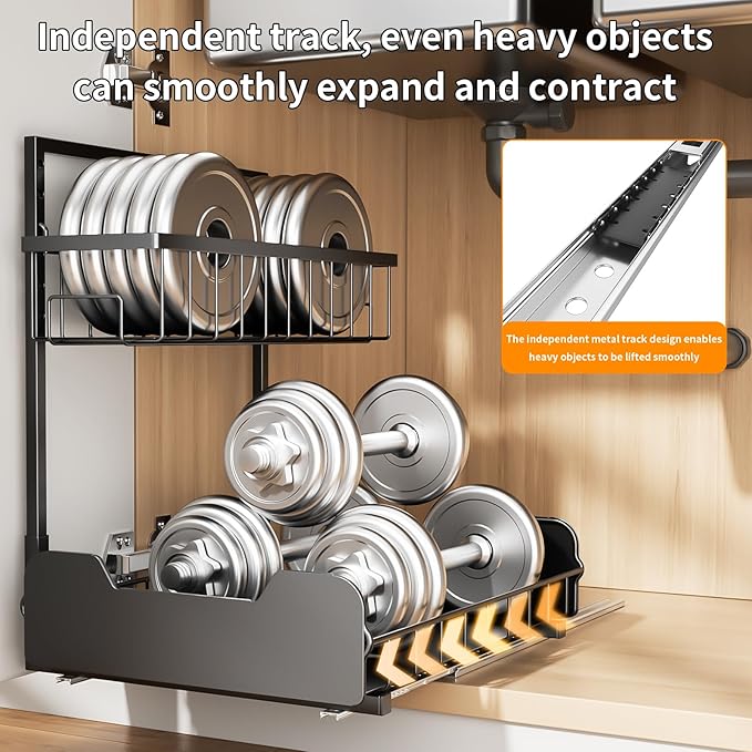 Under Sink Organizer, 2-Tier L-Shaped Pull Out Cabinet Shelf with 2 Installation Methods, Adjustable Sliding Storage Drawer for Kitchen, Bathroom, Laundry, Metal, Black, 2-Pack