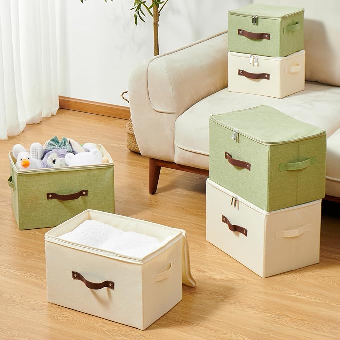 2 Pack Storage Bins with Zipper Lid Cotton Linen Fabric Lidded Storage Baskets Boxes Foldable Washable Closet Shelf Clothes Organizer Container with PU Leather Handles (Green, Large Size)