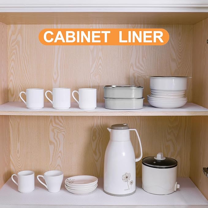 FLPMIX Shelf Liner White - Waterproof Pantry Cabinets Liners - Washable Non-Adhesive Kitchens Drawer Paper - Easy to Cut EVA Bathroom Cupboard Mat 17.7" X 96Inch