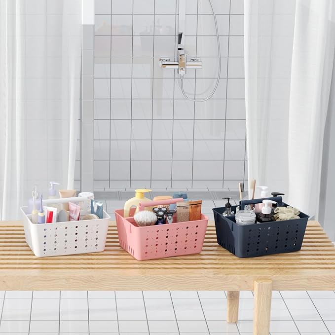Lifewit Shower Caddy Portable, Plastic Bathroom Organizer with Handle and Holes, Hard Cleaning Basket for Toiletry Storage, College Dorm Essentials, White, 3 Packs