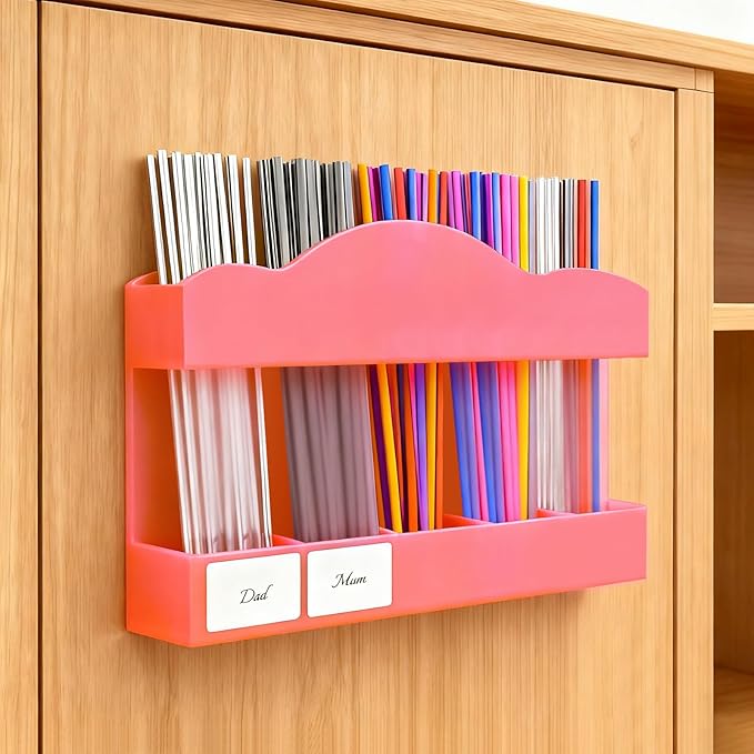 9.8" Acrylic Straw Holder for Cabinet Door - Straw Organizer with Ultra-Sticky Adhesive, Kitchen & RV Essensials, 5-Compartment Storage for Reusable Straws & Brushes, Colored Pencils, Markers