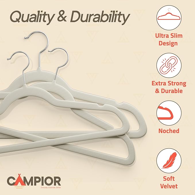 Ivory Velvet Hangers 10 Pack – 360° Swivel Hook, Non-Slip and Space Saving Hangers, Heavy-Duty 11 lbs Weight Capacity - Smooth Velvet Finish for Crease-Free Clothes and Effortless Closet Organization