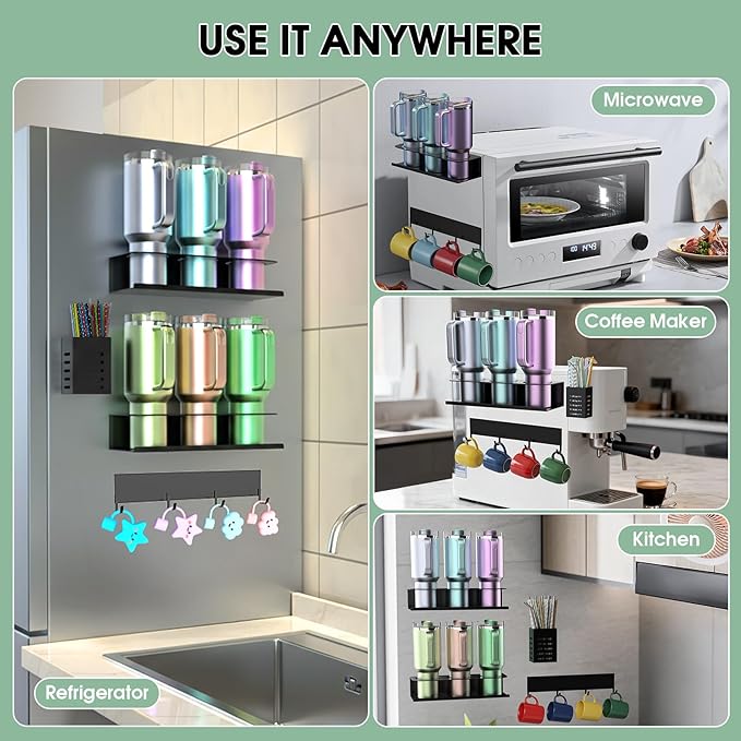 2 Pack Magnetic Stanley Cup Organizer Water Bottle Holder for Stanley 30&40 oz Tumbler with Lid Hook Straw Holder and Double Sided Tape Hold Stanley Cup Accessories for Kitchen Fridge Cabinet