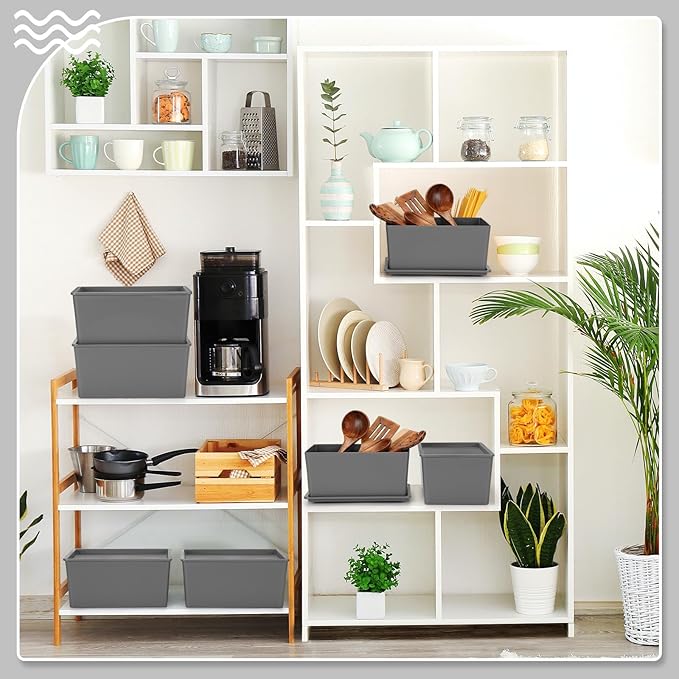 Menkxi 6 Pcs Storage Bins with Lids Small Plastic Storage Containers Stackable Storing Baskets Box Cute Organizer Bins for Organizing Shelves (Gray)