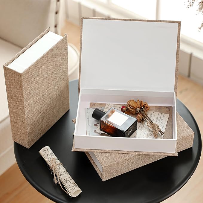 Tioncy 3 Pcs Fake Book Box Neutral Linen Book Box Decorative Faux Prop Storage for Farmhouse Home Decor shelf Table Card Photo DIY Keepsake Gift(8.6 x 6.1 x 1.8 Inch,Khaki)
