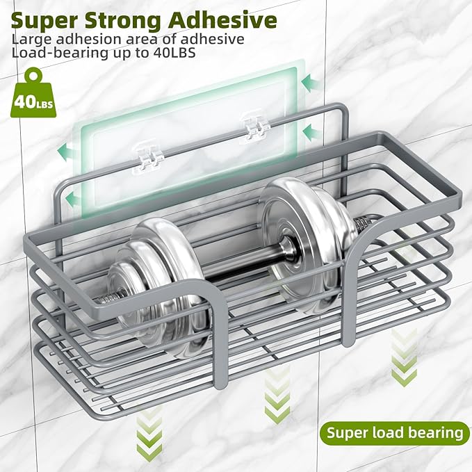 Yougai Shower Caddy, Shower Organizer with Soap Holder and Hooks, Rustproof Shower Shelves, No Drilling Bathroom Organizers and Storage, Wall-Mounted Kitchen & Home Decor (Light Grey)