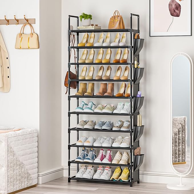 Tall Shoe Rack - 10 Tier Shoe Organizer with Metal Shelf, 5 Hooks, Pocket & Sturdy Stand for Closet Shoes