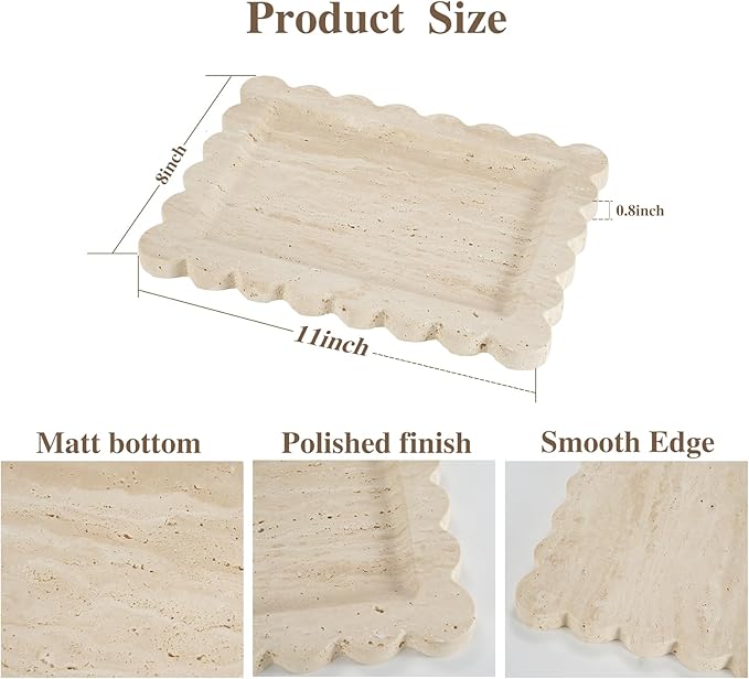 Luxury Beige Travertine Tray with Scalloped Edge, 11"x8" Rectangle Vanity Tray for Bathroom & Kitchen Counter, Decorative Organizer Tray for Dresser, Coffee Table, Home DÃ©cor