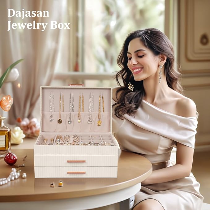 Dajasan Jewelry Boxes for Women, Jewelry Organizers and Storage with 2 Drawers, Large Jewelry Organizer Box for Necklaces Rings Earrings Bracelets, Gift Idea, Modern Style (Beige)