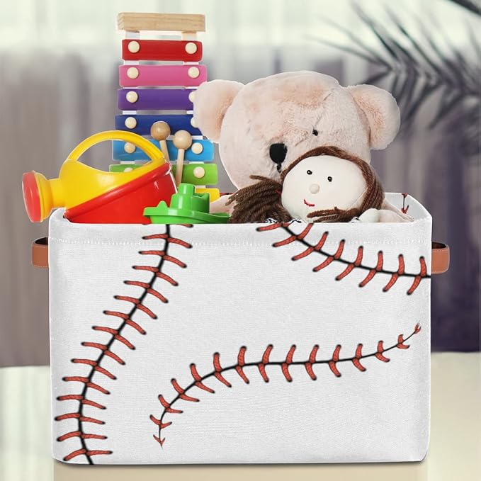 AUUXVA Storage Basket Baseball Stitches Storage Cube Box Sport Baseball Basket Softball Canvas Collapsible Toy Storage Bin Shelf Kids Gift Basket with Handles, 1Pc