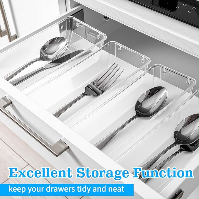 12 Pack Clear Drawer Organizers, Clear Organizer Bins for Drawers, Drawer Organizer Bins - 9 x 3 x 2.2 Inches PET Plastic Storage Trays for Kitchen, Bathroom, Office & Vanity