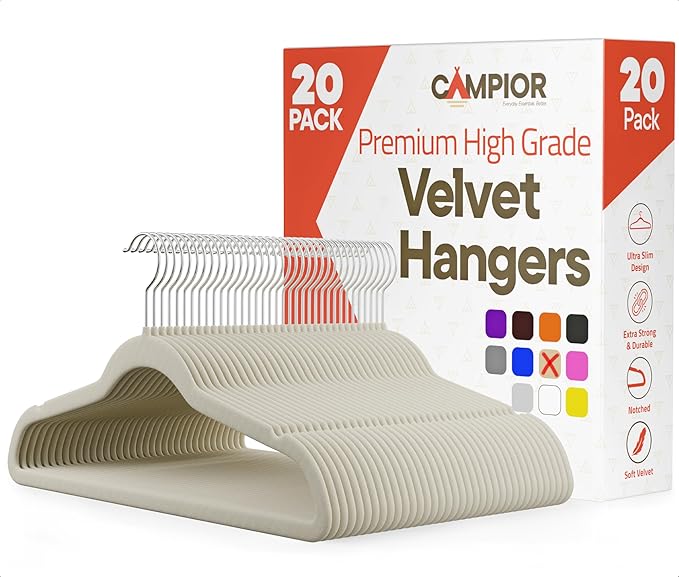 Ivory Velvet Hangers 20 Pack – 360° Swivel Hook, Non-Slip and Space Saving Hangers, Heavy-Duty 11 lbs Weight Capacity - Smooth Velvet Finish for Crease-Free Clothes and Effortless Closet Organization