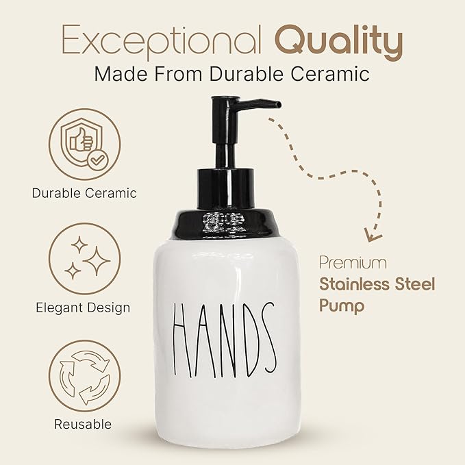 Modern Farmhouse Ceramic Dishes and Hands Soap Dispenser Set for Kitchen | Stainless Steel Pumps | 14oz, White Bottles | Kitchen Décor for Counter