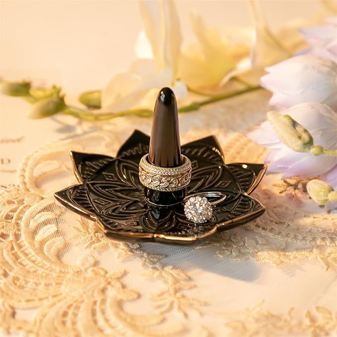 Ceramic Ring Holder for Jewelry,Black Mandala Ring Dish Jewelry Dish Jewelry Holder,Room Decor,Engagement Wedding Birthday Gifts for Couples Women