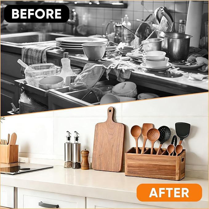 Wooden Utensil Holder for Kitchen Counter - Large Utensil Organizer with 3 Compartment, Cooking Tool Crock & Farmhouse Kitchen Accessories
