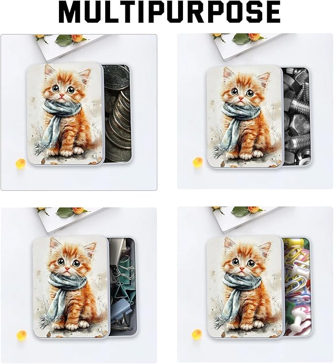Metal Tin Box with Lid,Multi-functional Storage Box Can Store Tea Biscuits Game Cards, Playing & Tarot Cards-Comes with 4 Magnetic Cord Clips,Kitten with Blue Scarf