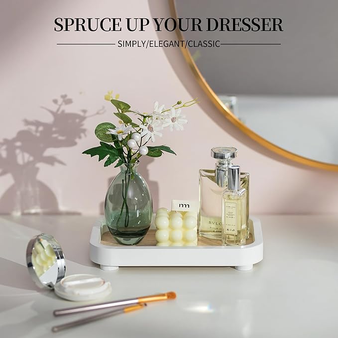 Hanobe Bathroom Vanity Perfume Tray: White Decorative Dresser for Women - Wood Stand Riser Rectangular for Home Decor - Pedestal Counter Display
