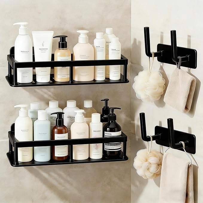 ACEXINYAN Shower Caddy Adhesive, Self-Adhesive Bathroom Shelves Basket, 2 Pack Large Capacity Shower Shelve with Hook Rack, No Drilling Bathroom Organizers and Storage for Home Decor (4, Black)