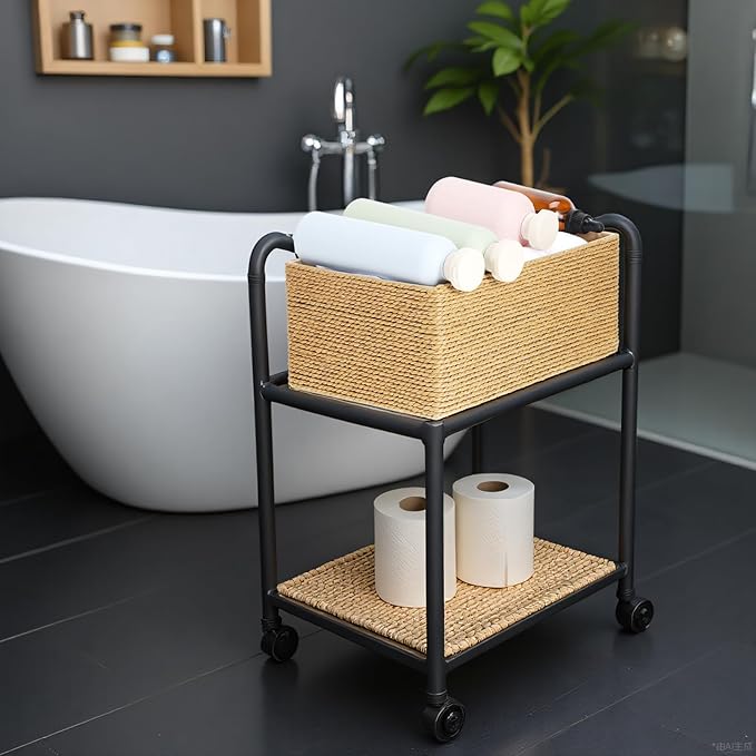 4 Set Wicker Storage Basket Hand Woven Paper Rope Storage Baskets Decorative Fruit Basket Stackable Wicker Baskets for Shelves Drawer Cupboards Organizing