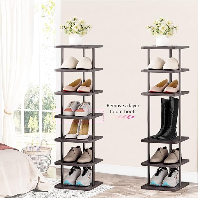 SORCEDAS 7 Tiers Vertical Shoe Rack Wooden Shoe Storage Organizer for Space Saving Narrow Shoe Shelf Storage 7 Pairs for Entryway Living Room Bedroom(Black + Rustic Dark Brown)