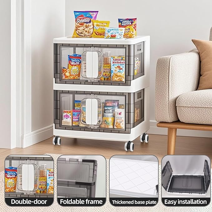 Folding Storage Organizer with Silent casters | Stackable Design for Home & Office, Heavy-Duty Plastic Storage Bin with Clear Door, 3 Sizes (19.5/23.5/27.5in),Black/White (19.7" 2 layer, White)