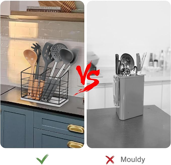 Utensil Holder for Kitchen Counter, Metal Utensil Holder Rack for Kitchen Countertop, Cooking Tools Storage for Spatula, Utensil Organizer with Marble Base, and Drainage Hole (Black Marble)