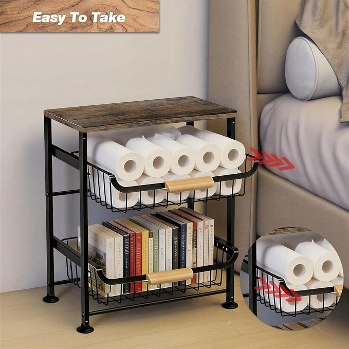 3-Layer Fruit Basket Kitchen Food Organizer and Rack Rolling Pantry Kitchen Cart On Wheels with Wood Top Table,Pull-Out Hollow Metal Basket for Sorting Spice Snacks Vegetables,Black