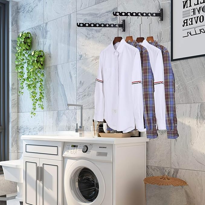 Wall Mounted Clothes Hanger 2 Pack Black Folding Wall Mounted Rack Clothes Hanger for Laundry with Swing Arm Space Saving Closet Storage Organizer Heavy Duty Coat Hook for Bathroom Bedroom